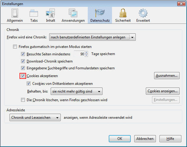 Cookies aktivieren unter Firefox